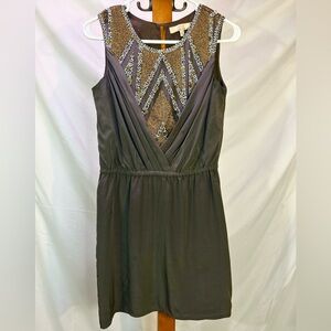 Aidan Mattox Gold Beaded Draped A-Line Gray Silky Satin Mini Dress Size 0